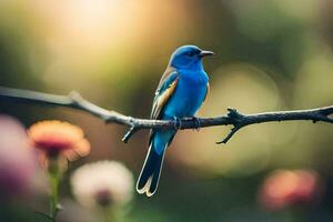 uma azul pássaro senta em uma ramo dentro frente do flores gerado por IA foto