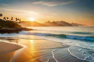 a Sol sobe sobre a oceano e a de praia dentro brasil. gerado por IA foto