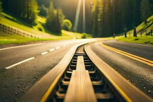 uma trem rastrear em uma estrada com a Sol brilhando. gerado por IA foto