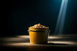 uma balde preenchidas com amendoim em uma Sombrio fundo. gerado por IA foto