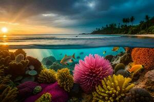 a Sol conjuntos sobre uma coral recife e peixe. gerado por IA foto