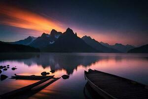 uma barco senta em a costa do uma lago às pôr do sol. gerado por IA foto