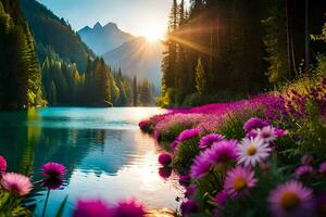 lindo flores dentro a montanhas às pôr do sol. gerado por IA foto