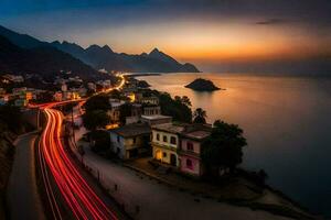 uma grandes exposição foto do uma estrada e montanhas às pôr do sol. gerado por IA