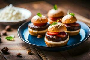 pequeno Hamburger sanduíches em uma placa. gerado por IA foto