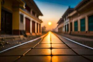 uma longo, esvaziar rua com a Sol configuração atrás isto. gerado por IA foto