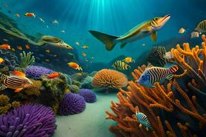 embaixo da agua cena com peixe e coral recifes. gerado por IA foto