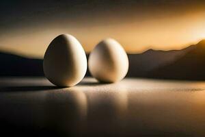 dois ovos estão sentado em uma mesa dentro frente do uma pôr do sol. gerado por IA foto