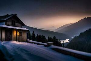 uma cabine dentro a montanhas às pôr do sol. gerado por IA foto