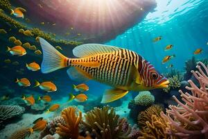 a embaixo da agua cena com uma peixe e coral recife. gerado por IA foto