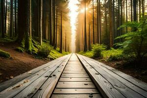 uma de madeira caminho dentro a floresta com Sol brilhando através a árvores gerado por IA foto