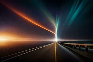 uma grandes exposição foto do uma estrada com uma arco Iris claro. gerado por IA
