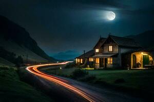 uma casa e uma estrada às noite com uma cheio lua. gerado por IA foto