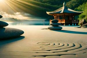 uma zen jardim com pedras e uma pagode. gerado por IA foto