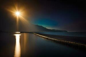 a lua brilha sobre a água e cais às noite. gerado por IA foto