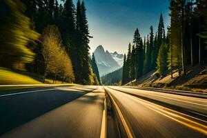 uma carro dirigindo baixa uma estrada com árvores dentro a fundo. gerado por IA foto