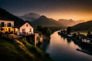uma casa senta em a lado do uma rio às pôr do sol. gerado por IA foto
