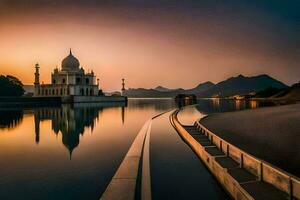 a taj mahal é refletido dentro a água às pôr do sol. gerado por IA foto