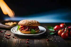 uma Hamburger com tomates e especiarias em uma placa. gerado por IA foto