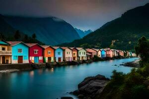 colorida casas linha a bancos do uma rio. gerado por IA foto