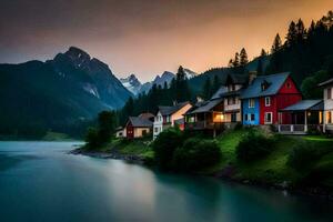 foto papel de parede montanhas, a céu, lago, a montanhas, casas, a montanhas, a lago. gerado por IA