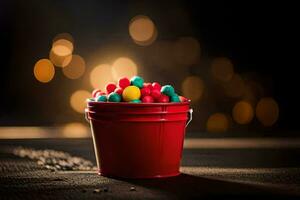 uma vermelho balde preenchidas com colorida doce. gerado por IA foto