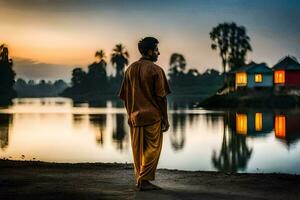 uma homem em pé de a água às pôr do sol. gerado por IA foto