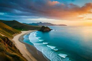 a de praia e a oceano às pôr do sol. gerado por IA foto