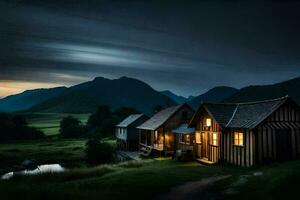 foto papel de parede a céu, montanhas, casa, noite, a montanhas, casa, a montanhas,. gerado por IA