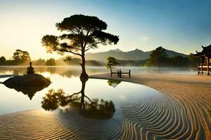 a lago é cercado de uma pagode e uma árvore. gerado por IA foto