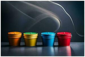 quatro colorida baldes com fumaça chegando Fora do eles. gerado por IA foto