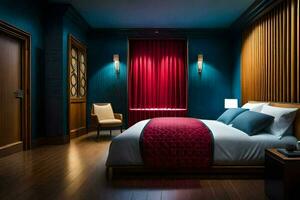 uma quarto com uma vermelho cortina e azul paredes. gerado por IA foto
