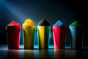 uma linha do colorida plástico baldes com diferente colori gelo creme. gerado por IA foto