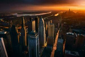 a Sol conjuntos sobre a cidade Horizonte dentro Novo Iorque. gerado por IA foto