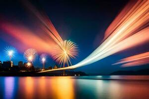 fogos de artifício sobre a água com cidade luzes dentro a fundo. gerado por IA foto