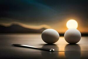 dois ovos sentar em uma mesa com uma faca. gerado por IA foto