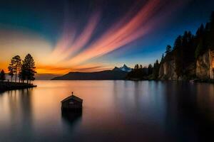 uma pequeno casa senta em a costa do uma lago às pôr do sol. gerado por IA foto