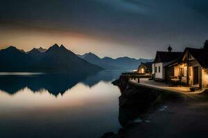 uma casa senta em a costa do uma lago às crepúsculo. gerado por IA foto