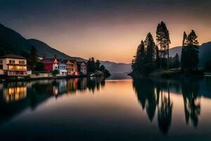 uma lago e casas às pôr do sol dentro a montanhas. gerado por IA foto