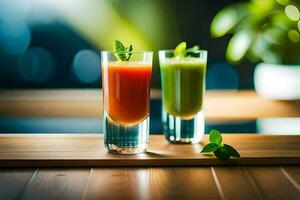 dois óculos do suco em uma mesa. gerado por IA foto