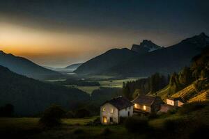 uma casa dentro a montanhas às pôr do sol. gerado por IA foto