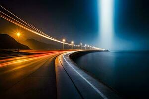 uma grandes exposição foto do uma estrada às noite com luzes. gerado por IA