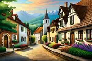 uma pintura do uma rua dentro a montanhas. gerado por IA foto