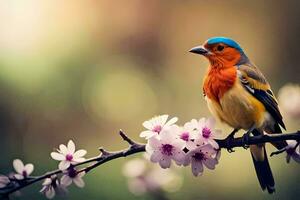 uma colorida pássaro senta em uma ramo com flores gerado por IA foto