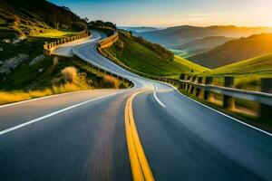 uma enrolamento estrada dentro a montanhas com a Sol contexto. gerado por IA foto