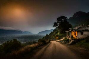 uma estrada conduzindo para uma pequeno casa dentro a montanhas. gerado por IA foto