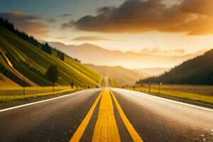 uma grandes esvaziar estrada com amarelo linhas dentro a meio. gerado por IA foto