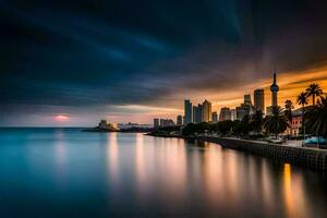 a cidade Horizonte é visto dentro a distância às pôr do sol. gerado por IA foto