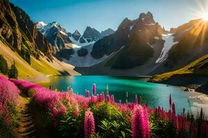 lindo panorama com flores e montanhas. gerado por IA foto