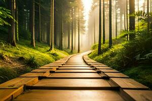 uma de madeira caminho dentro a floresta com Sol brilhando através. gerado por IA foto